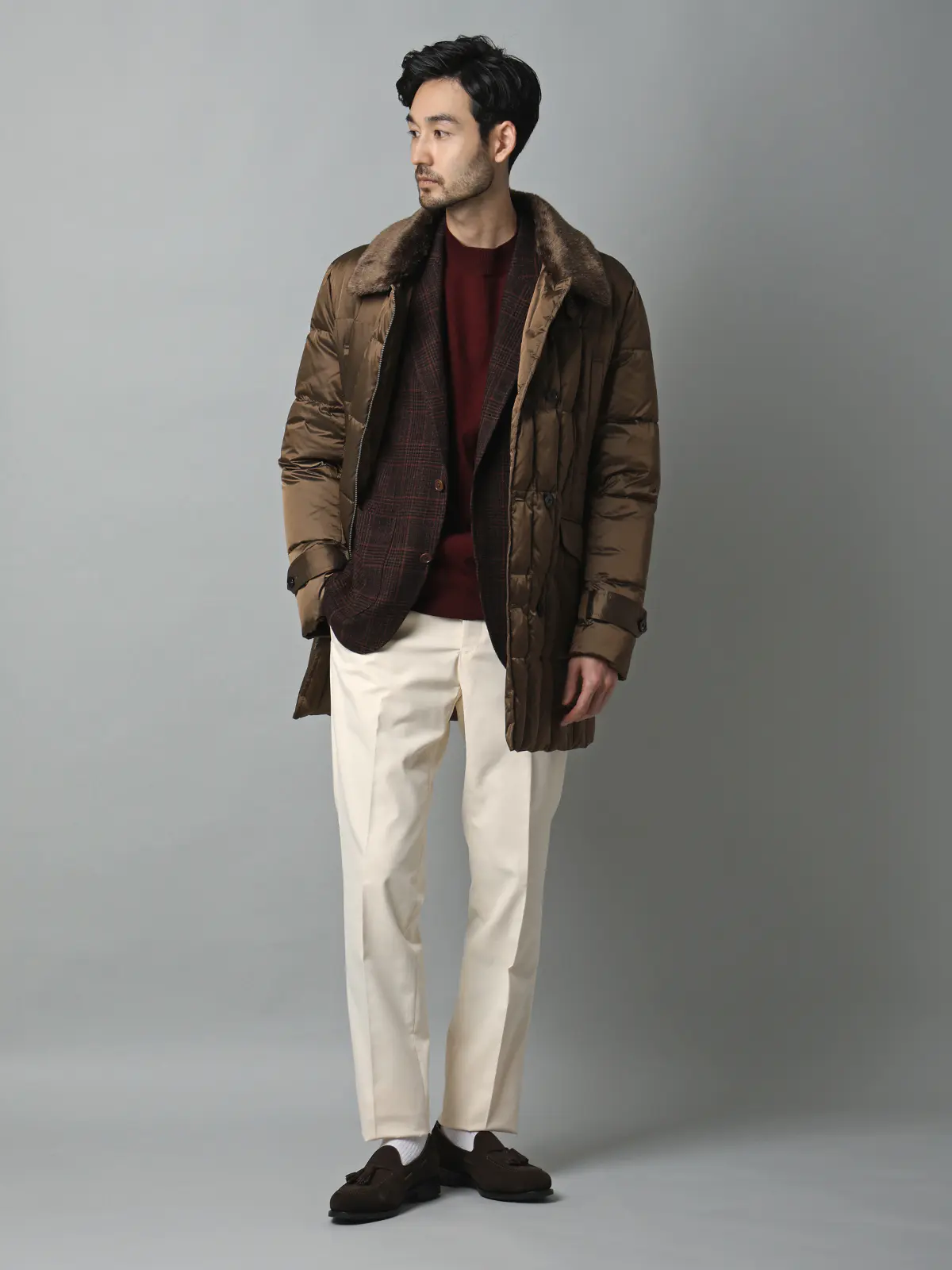 テーラードダウンコート/LIMONTA EAST/シャンブレーナイロン/無地/フェイクファー付き ブラウン S