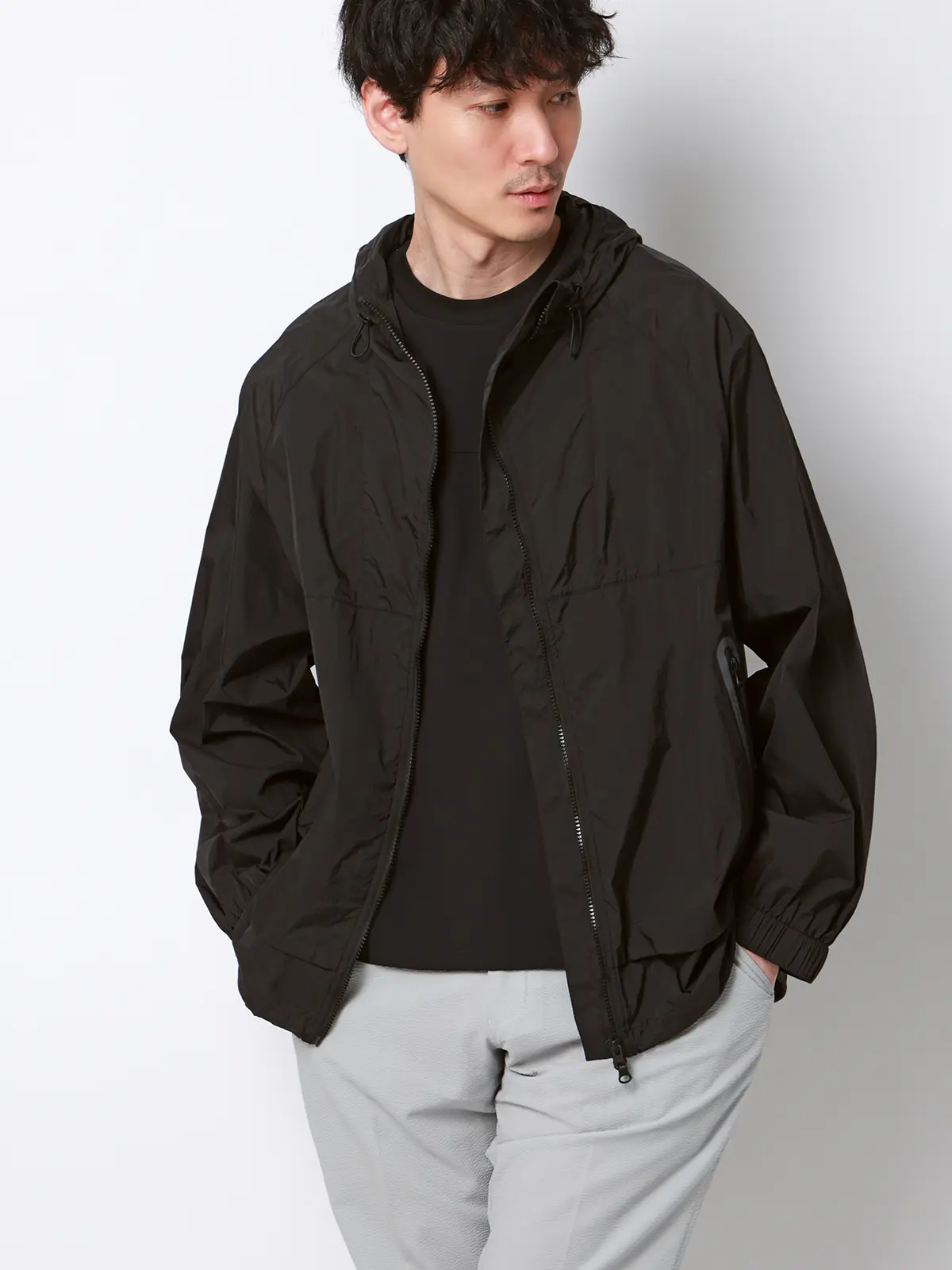 FLAT／フードアウター／ウォッシャブル／UVカット／軽量／ナイロンワッシャー／無地 ブラック M