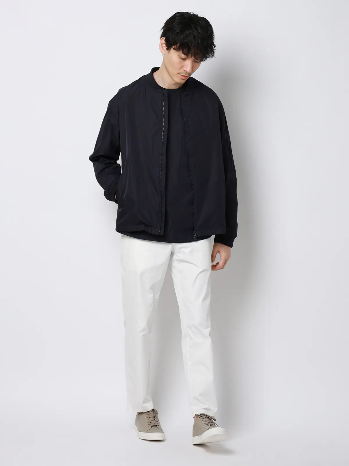 FLAT／アウター／MA-1／ウォッシャブル／ストレッチ／速乾／シルキーツイル／無地 ネイビー M