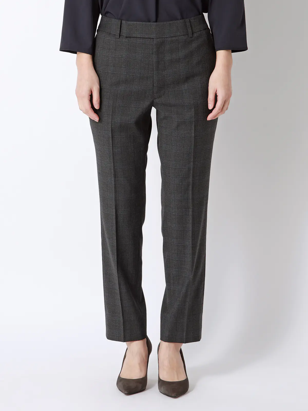 テーパードパンツ／ウォッシャブル／ストレッチ／WOOLISH／グレンチェック グレー 36(7号）