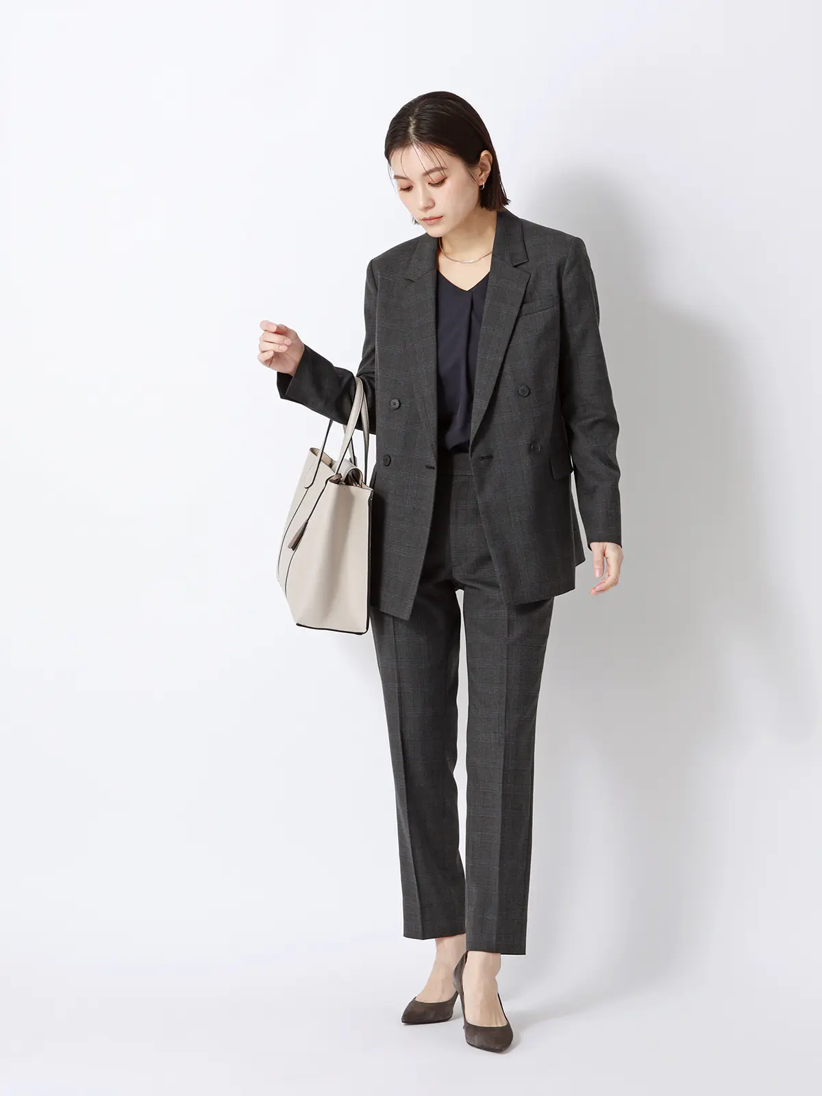 テーパードパンツ／ウォッシャブル／ストレッチ／WOOLISH／グレンチェック グレー 36(7号）