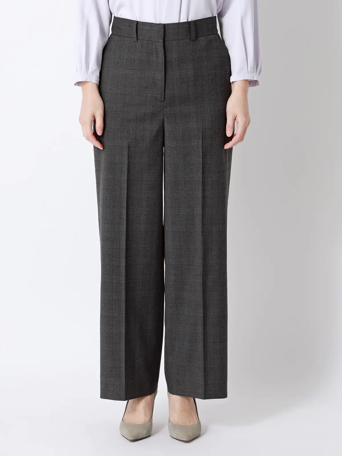 ワイドパンツ/ウォッシャブル/ストレッチ/WOOLISH/グレンチェック グレー 34(5号)