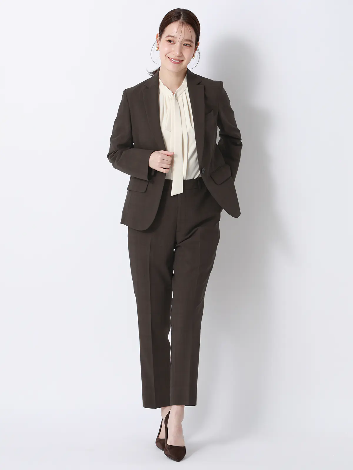 テーパードパンツ／ウォッシャブル／ストレッチ／ポリエステル／シャドーチェック ブラウン 36(7号）