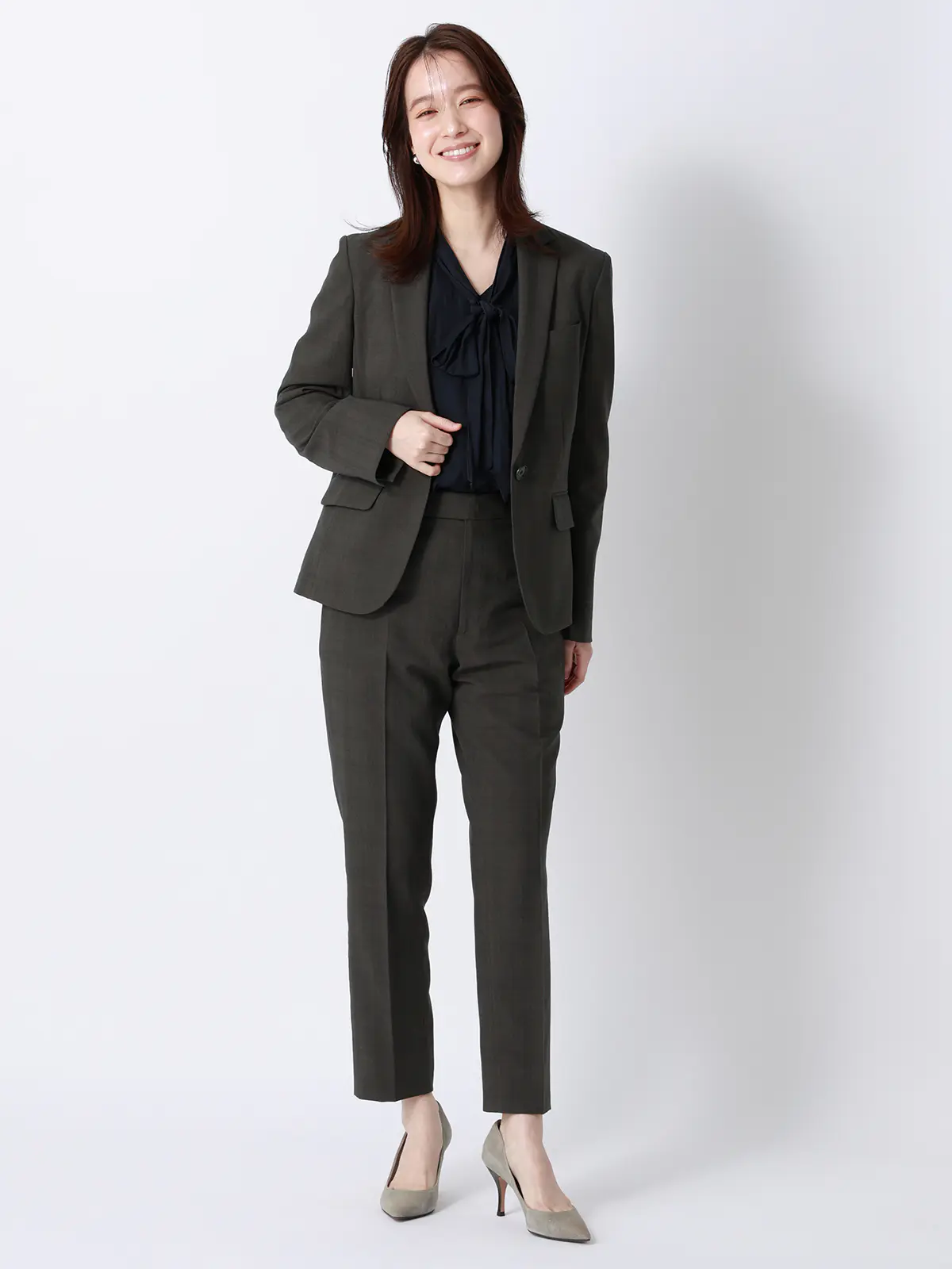 テーパードパンツ／ウォッシャブル／ストレッチ／ポリエステル／シャドーチェック グレー 36(7号）