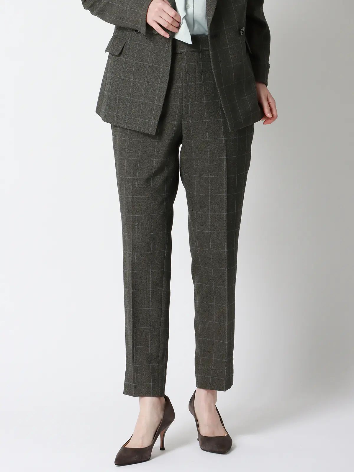 テーパードパンツ/ウォッシャブル/ストレッチ/ウールライクポリエステル/グレンチェック グレー 36(7号)