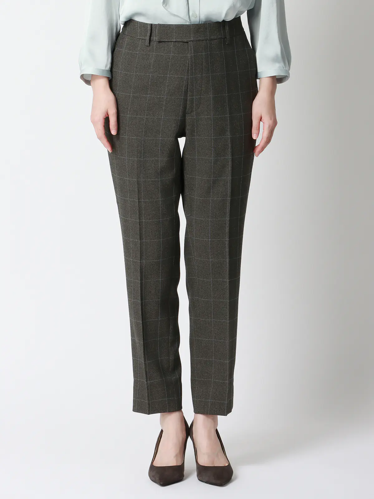 テーパードパンツ/ウォッシャブル/ストレッチ/ウールライクポリエステル/グレンチェック グレー 36(7号)