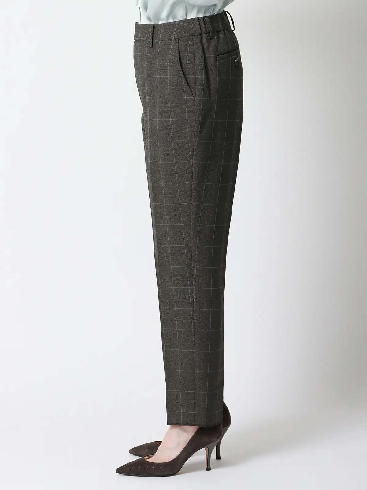 テーパードパンツ/ウォッシャブル/ストレッチ/ウールライクポリエステル/グレンチェック グレー 36(7号)