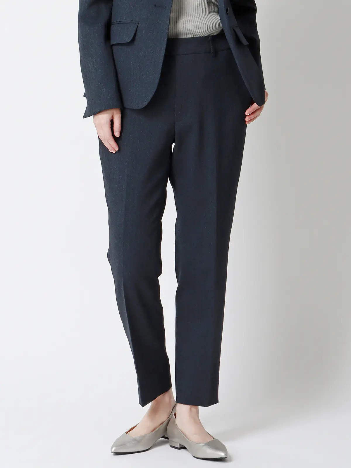 テーパードパンツ/ウォッシャブル/ストレッチ/防シワ/ウールライクポリエステル/ヘリンボーン ネイビー 36(7号)