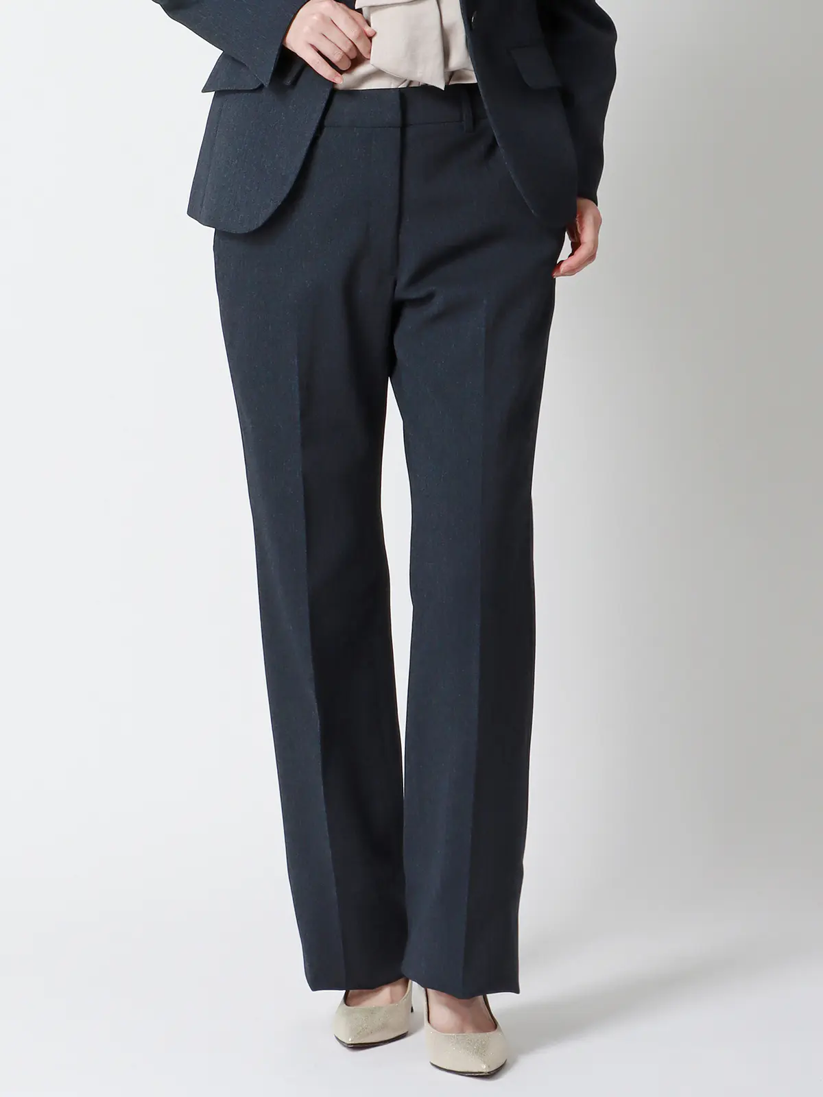 セミフレアパンツ/ウォッシャブル/ストレッチ/防シワ/ウールライクポリエステル/ヘリンボーン ネイビー 36(7号)