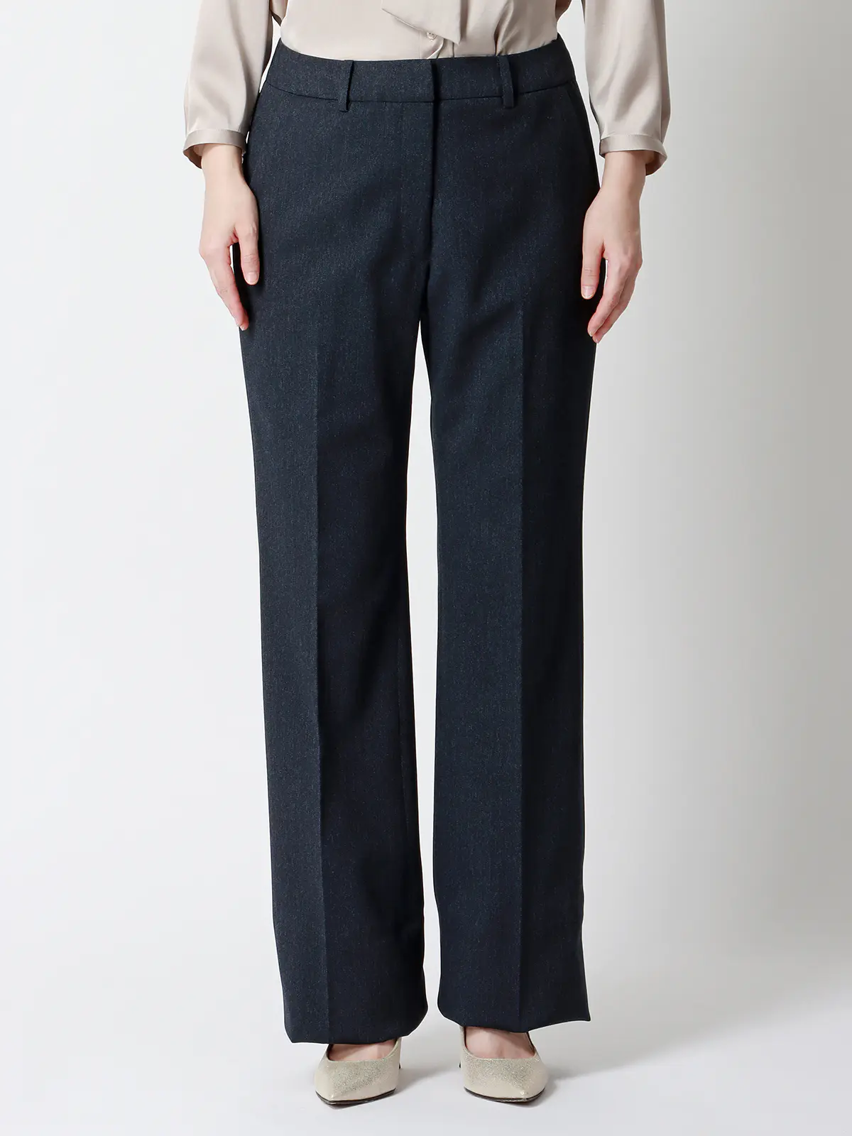 セミフレアパンツ/ウォッシャブル/ストレッチ/防シワ/ウールライクポリエステル/ヘリンボーン ネイビー 36(7号)