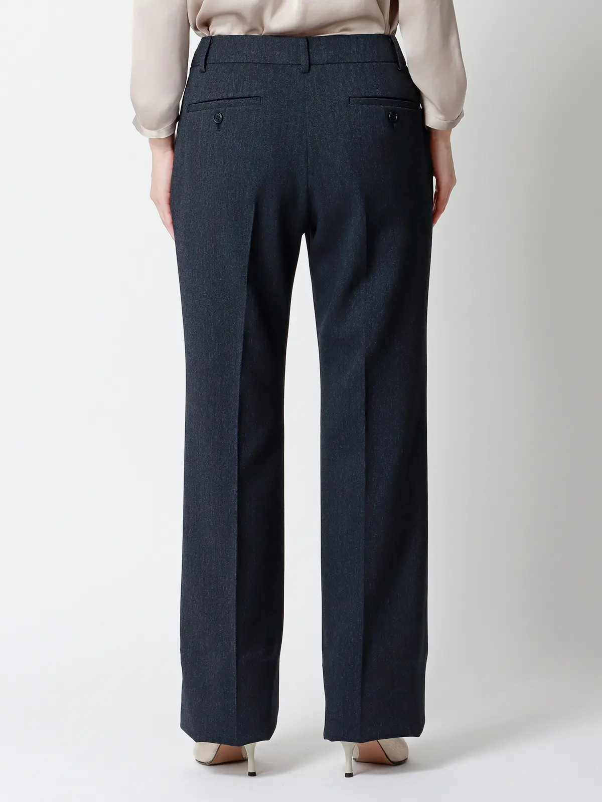 セミフレアパンツ/ウォッシャブル/ストレッチ/防シワ/ウールライクポリエステル/ヘリンボーン ネイビー 36(7号)