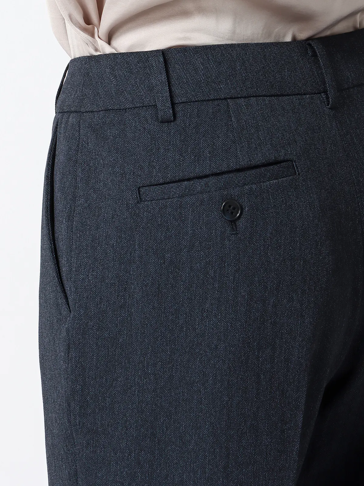 セミフレアパンツ/ウォッシャブル/ストレッチ/防シワ/ウールライクポリエステル/ヘリンボーン ネイビー 36(7号)