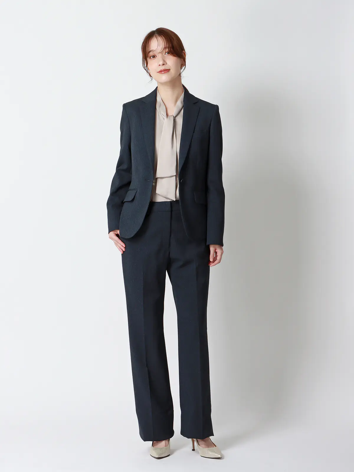 セミフレアパンツ/ウォッシャブル/ストレッチ/防シワ/ウールライクポリエステル/ヘリンボーン ネイビー 36(7号)