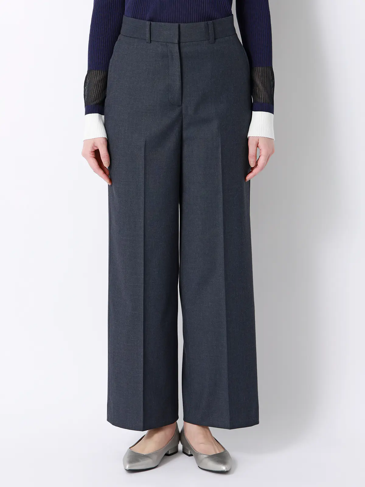 ワイドパンツ／Carreman／ウォッシャブル／接触冷感／デニムライクストレッチ／無地 ネイビー 36(7号）