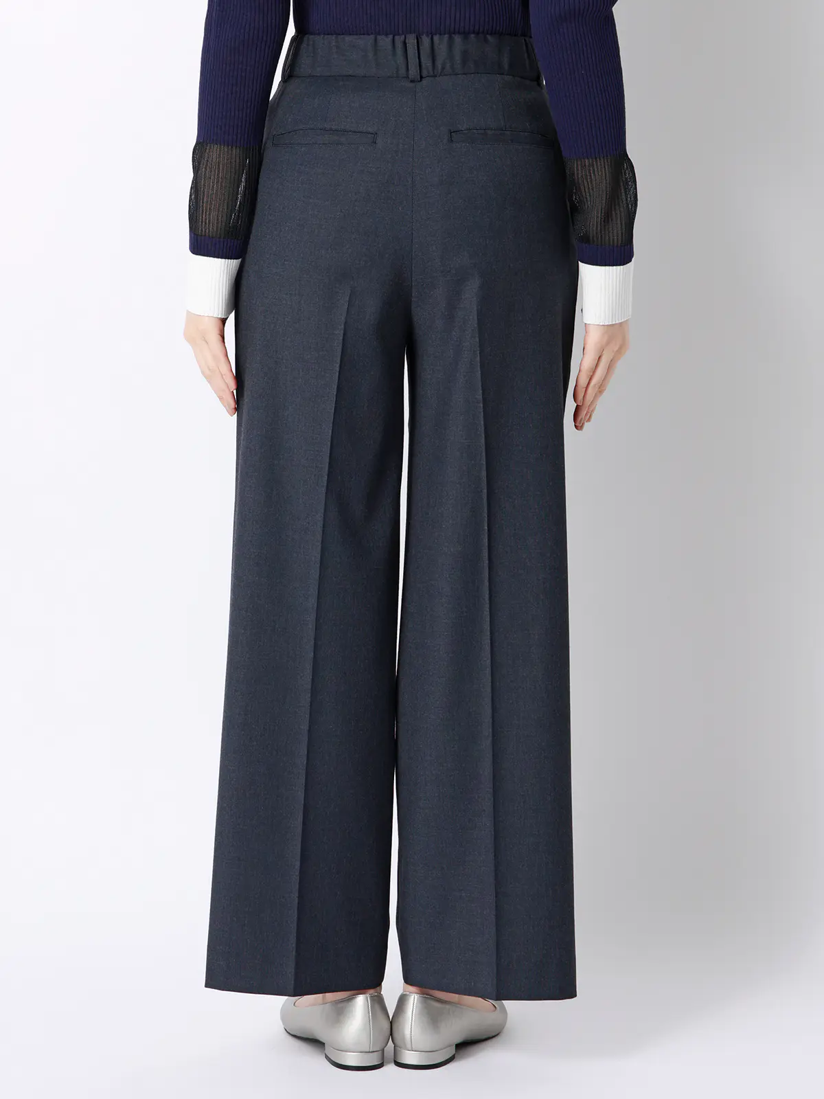 ワイドパンツ／Carreman／ウォッシャブル／接触冷感／デニムライクストレッチ／無地 ネイビー 36(7号）