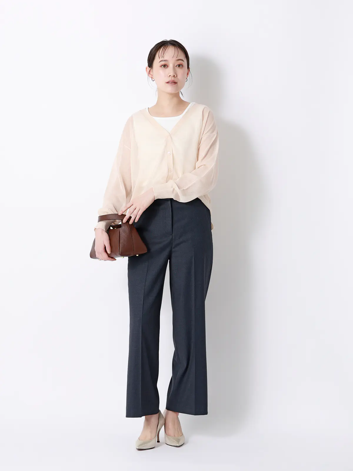 ワイドパンツ／Carreman／ウォッシャブル／接触冷感／デニムライクストレッチ／無地 ネイビー 36(7号）