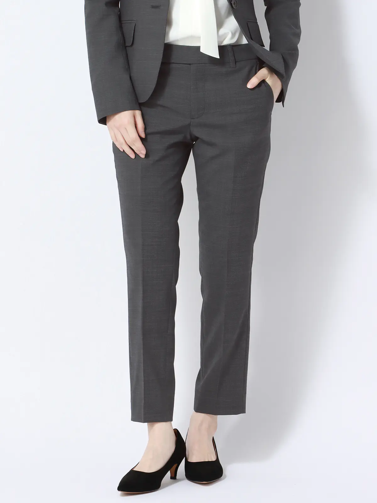 テーパードパンツ/ウォッシャブル/ストレッチ/ウールブレンド/ピンチェック グレー 34(5号)