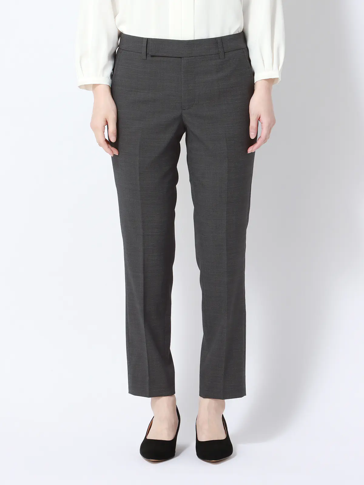 テーパードパンツ/ウォッシャブル/ストレッチ/ウールブレンド/ピンチェック グレー 34(5号)