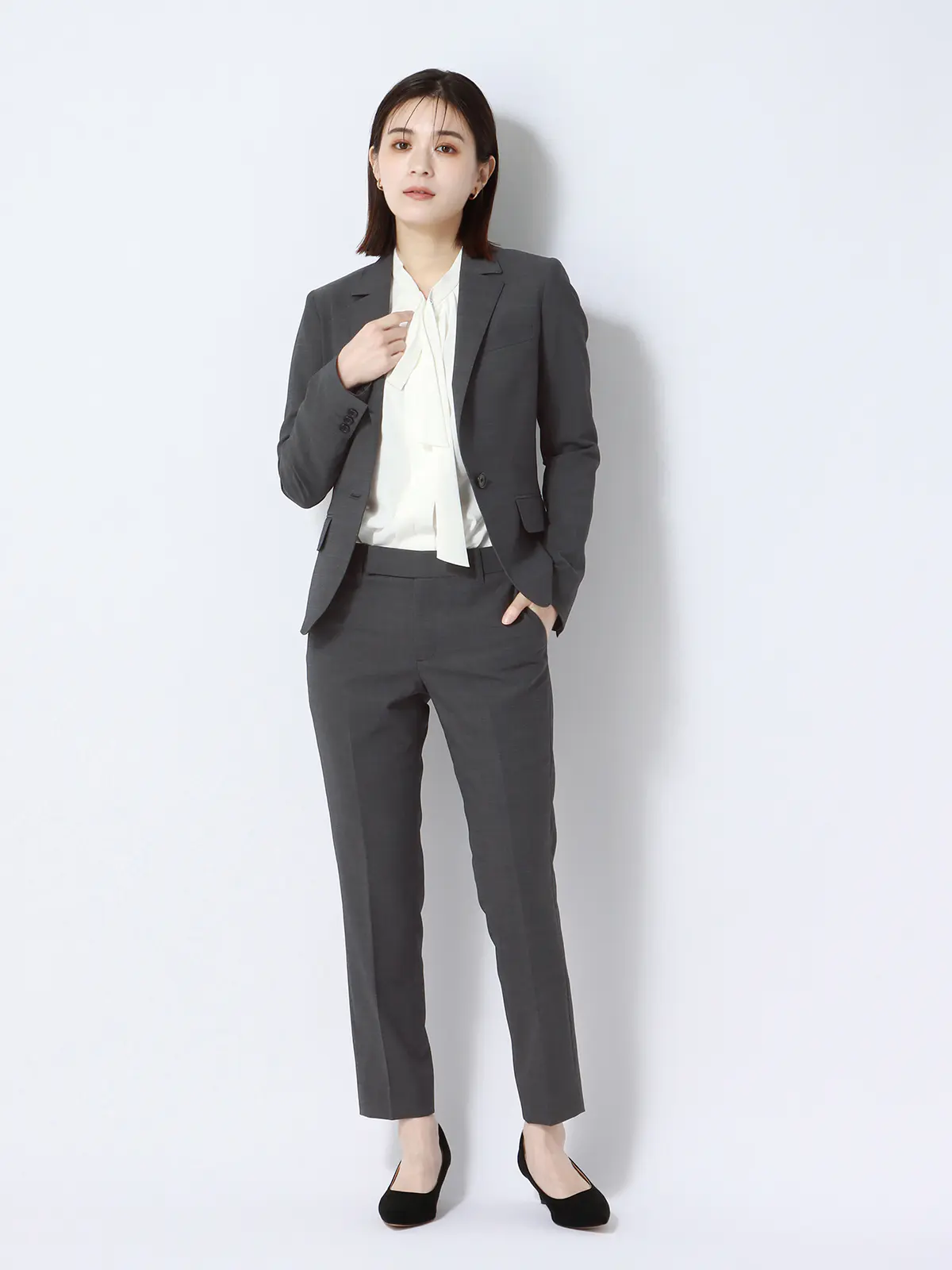 テーパードパンツ/ウォッシャブル/ストレッチ/ウールブレンド/ピンチェック グレー 34(5号)