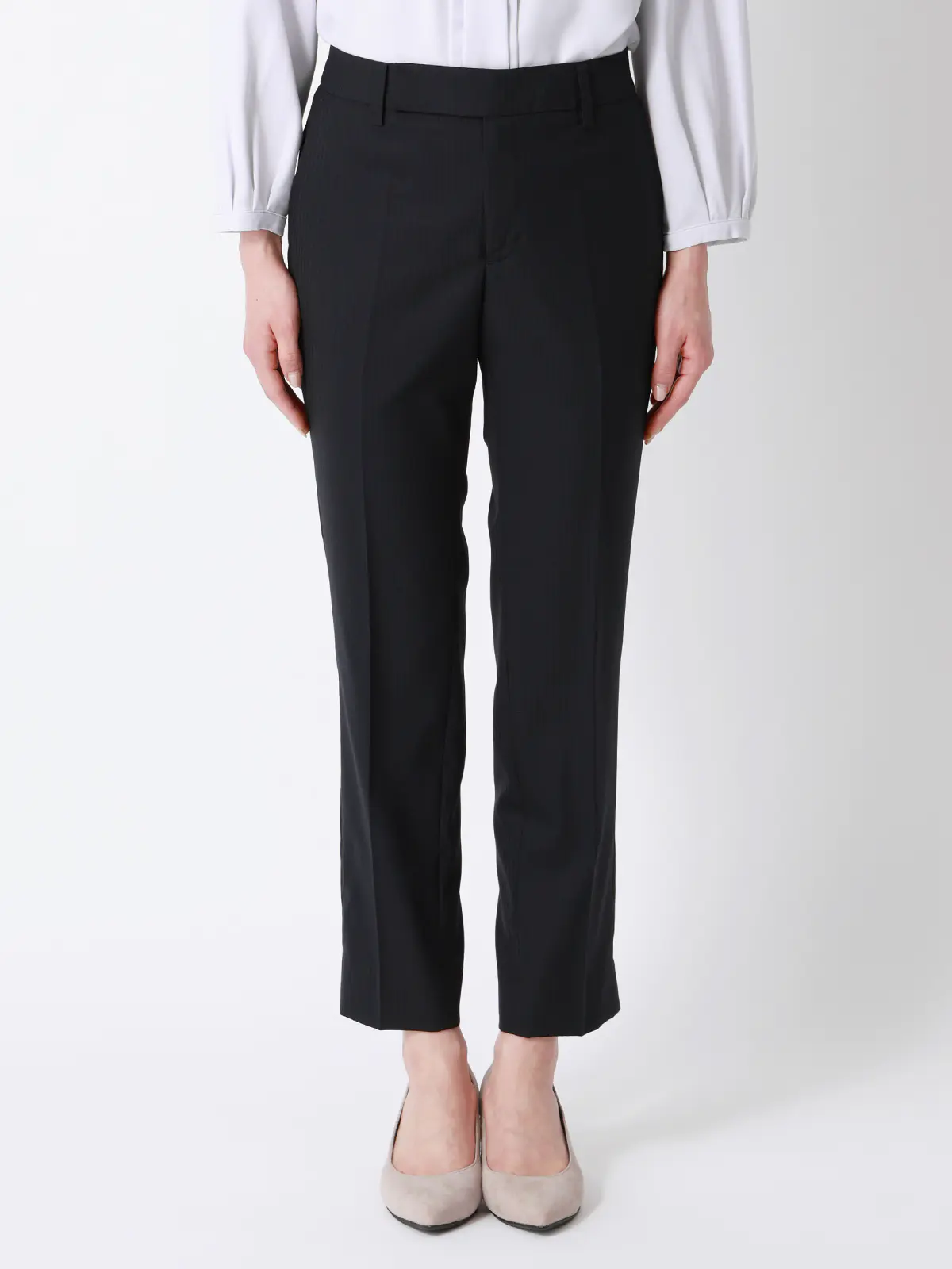 テーパードパンツ／ウォッシャブル／ストレッチ／ウールブレンド／シャドーストライプ ネイビー 34(5号）