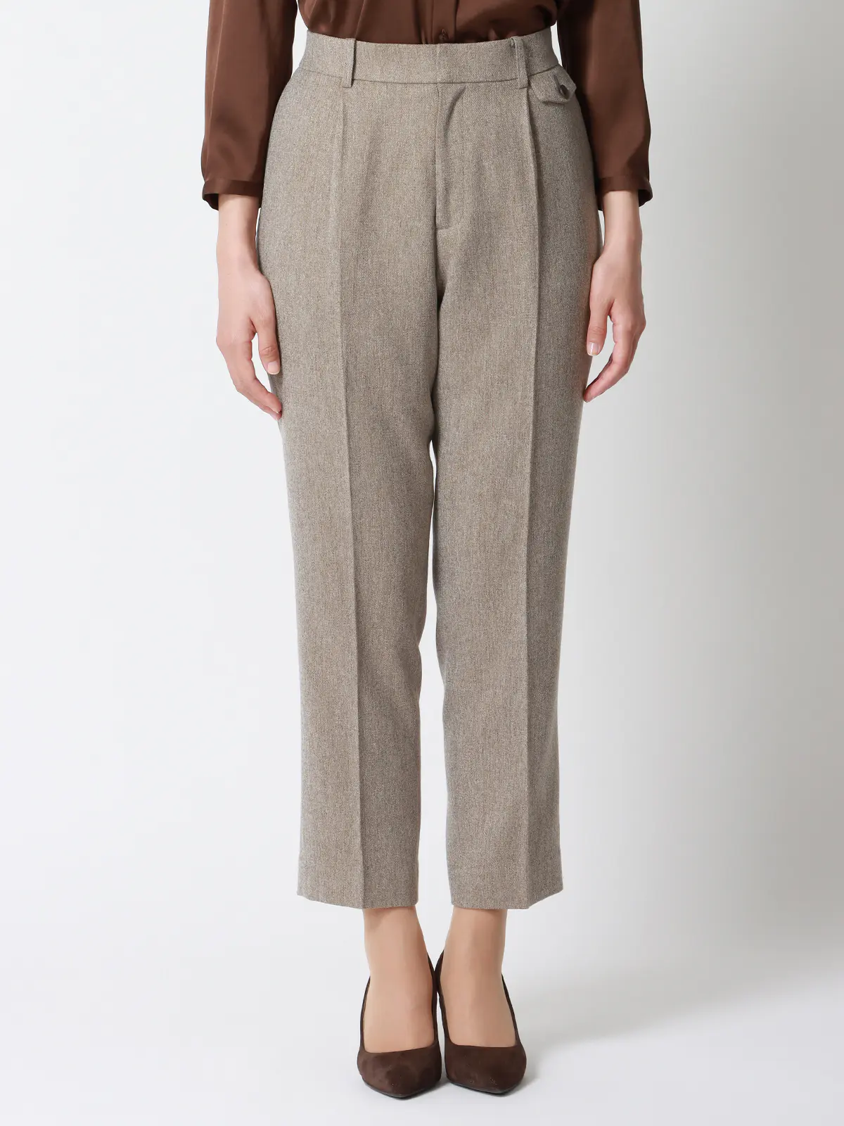 CHANTOWA/タックテーパードパンツ/ウォッシャブル/ツイードライクシャンブレー/織柄 ベージュ 36(7号)