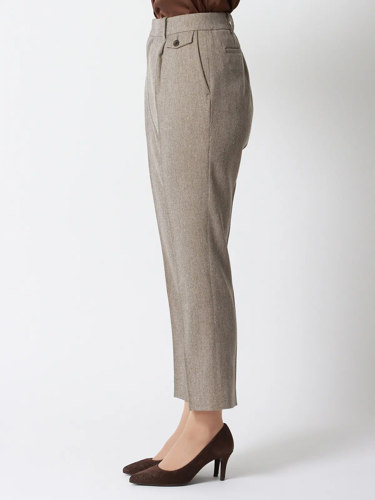 CHANTOWA/タックテーパードパンツ/ウォッシャブル/ツイードライクシャンブレー/織柄 ベージュ 36(7号)