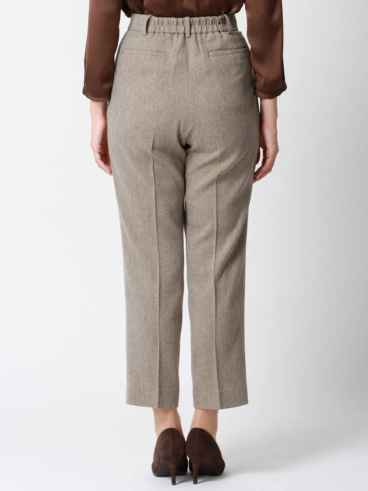 CHANTOWA/タックテーパードパンツ/ウォッシャブル/ツイードライクシャンブレー/織柄 ベージュ 36(7号)