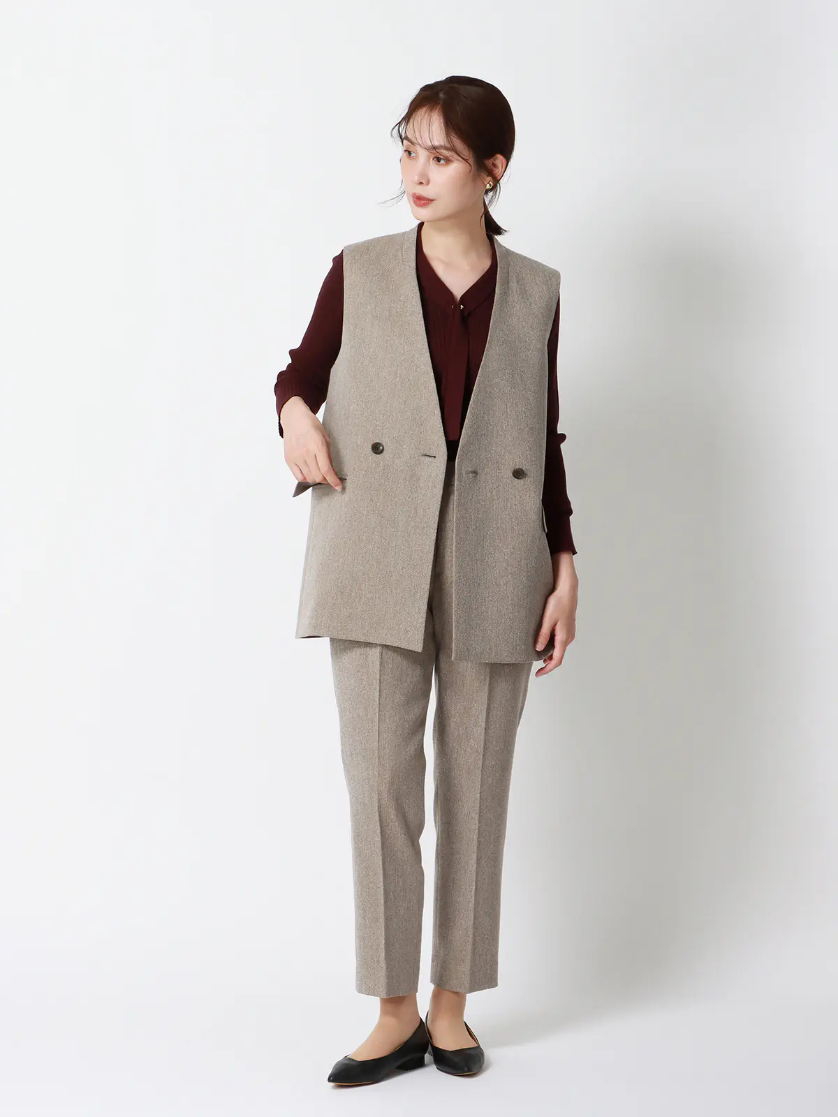 CHANTOWA/タックテーパードパンツ/ウォッシャブル/ツイードライクシャンブレー/織柄 ベージュ 36(7号)