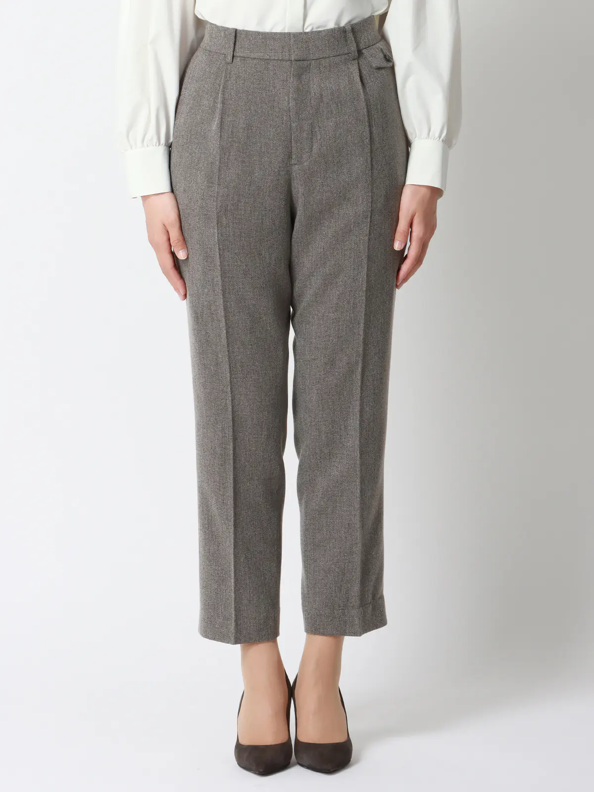 CHANTOWA/タックテーパードパンツ/ウォッシャブル/ツイードライクシャンブレー/織柄 グレー 36(7号)