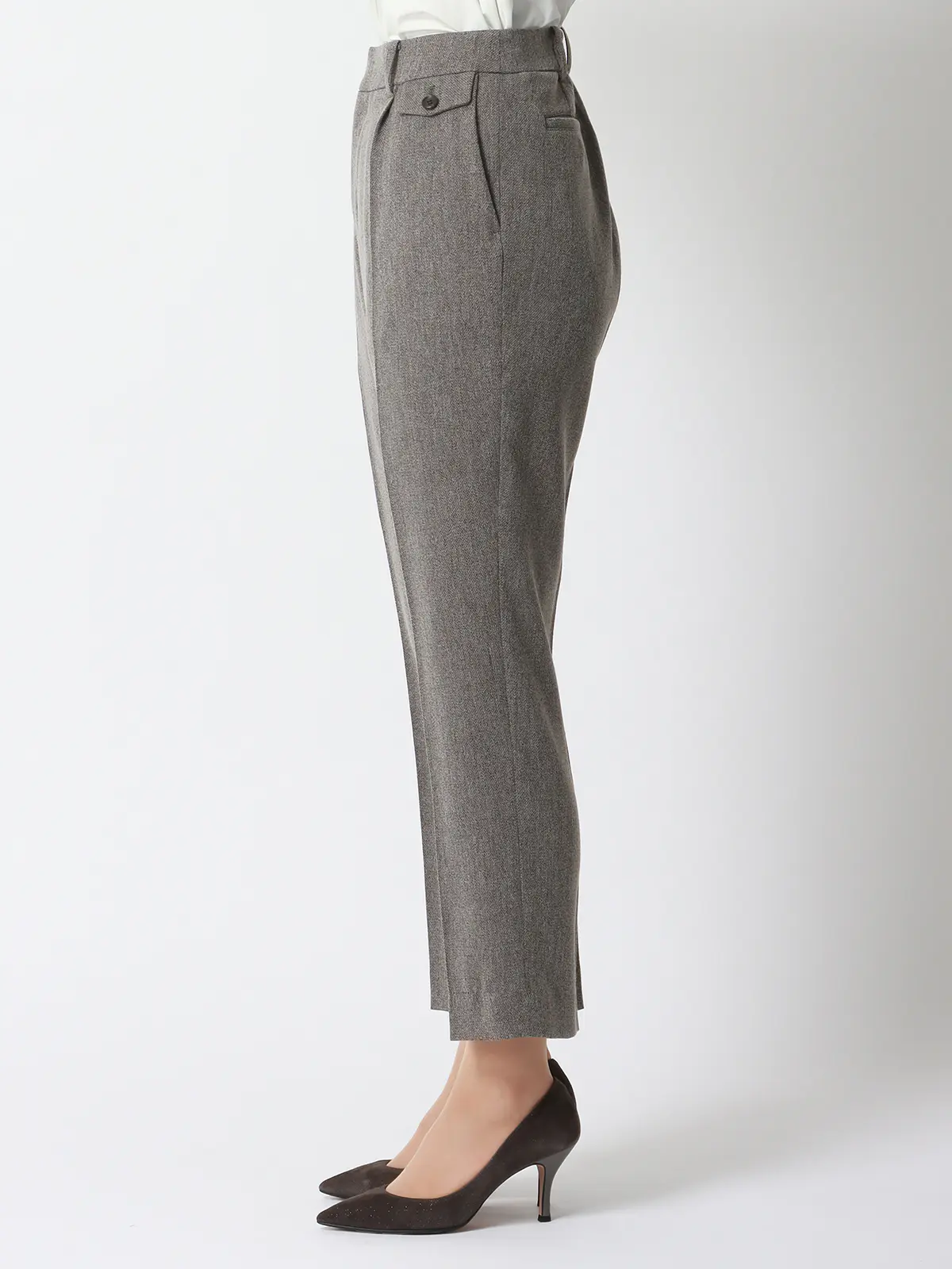 CHANTOWA/タックテーパードパンツ/ウォッシャブル/ツイードライクシャンブレー/織柄 グレー 36(7号)