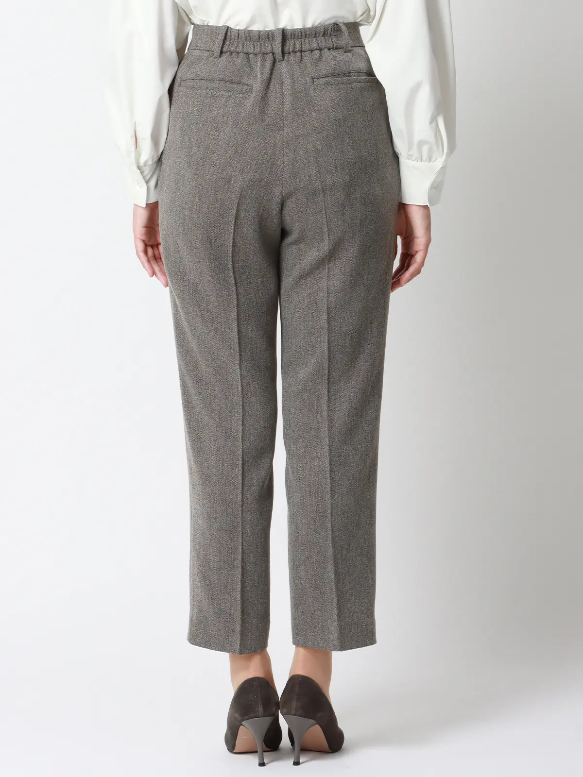 CHANTOWA/タックテーパードパンツ/ウォッシャブル/ツイードライクシャンブレー/織柄 グレー 36(7号)