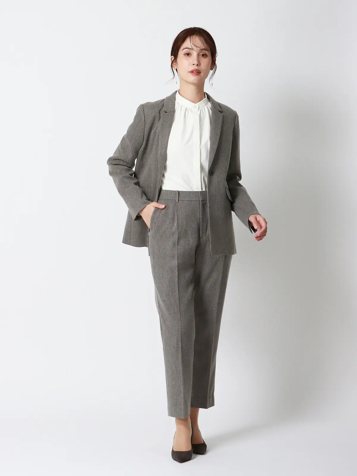 CHANTOWA/タックテーパードパンツ/ウォッシャブル/ツイードライクシャンブレー/織柄 グレー 36(7号)