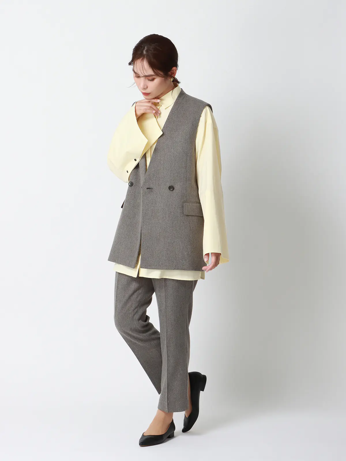 CHANTOWA/タックテーパードパンツ/ウォッシャブル/ツイードライクシャンブレー/織柄 グレー 36(7号)