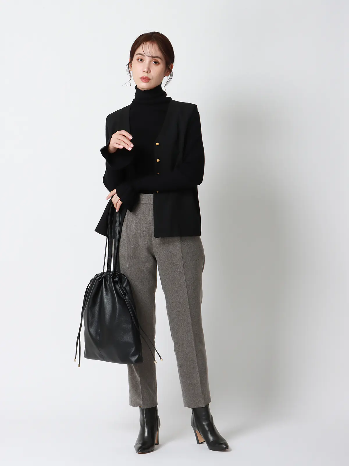 CHANTOWA/タックテーパードパンツ/ウォッシャブル/ツイードライクシャンブレー/織柄 グレー 36(7号)