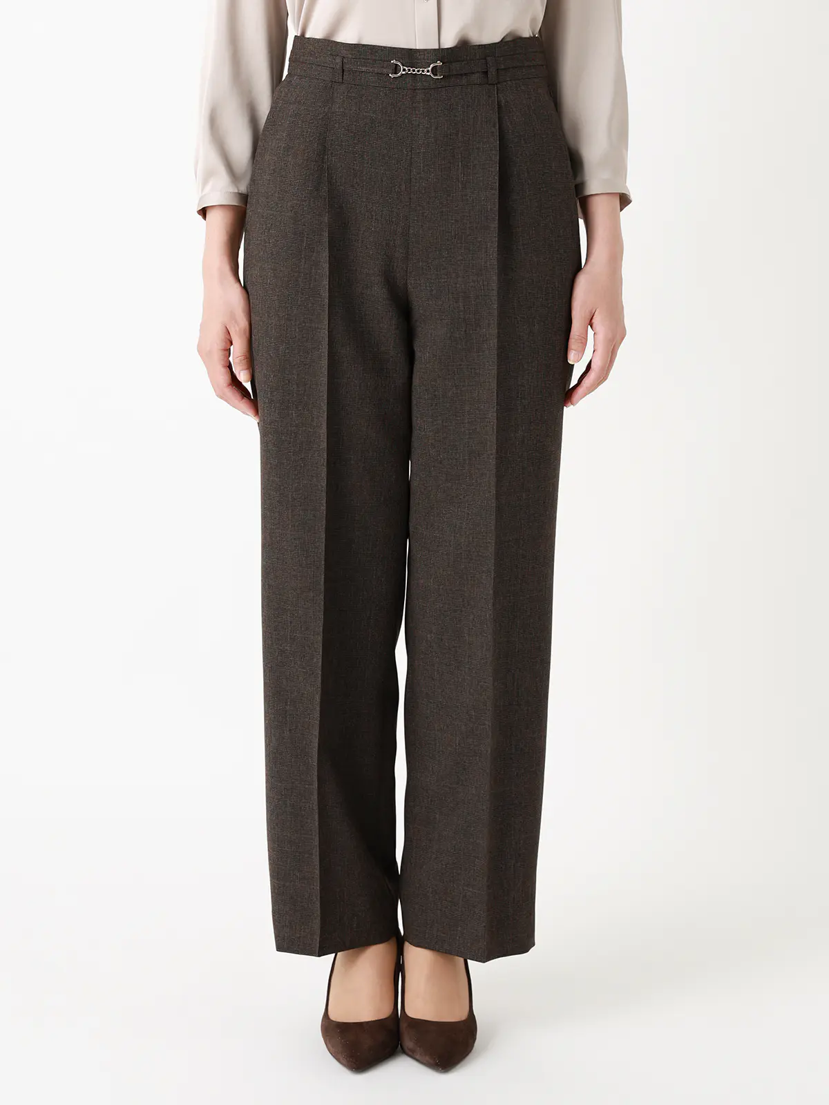 CHANTOWA/ビットベルト付きタックワイドパンツ/ウォッシャブル/シャドーグレンチェック ブラウン 36(7号)