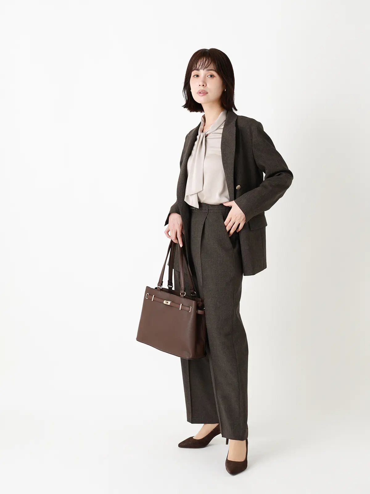 CHANTOWA/ビットベルト付きタックワイドパンツ/ウォッシャブル/シャドーグレンチェック ブラウン 36(7号)