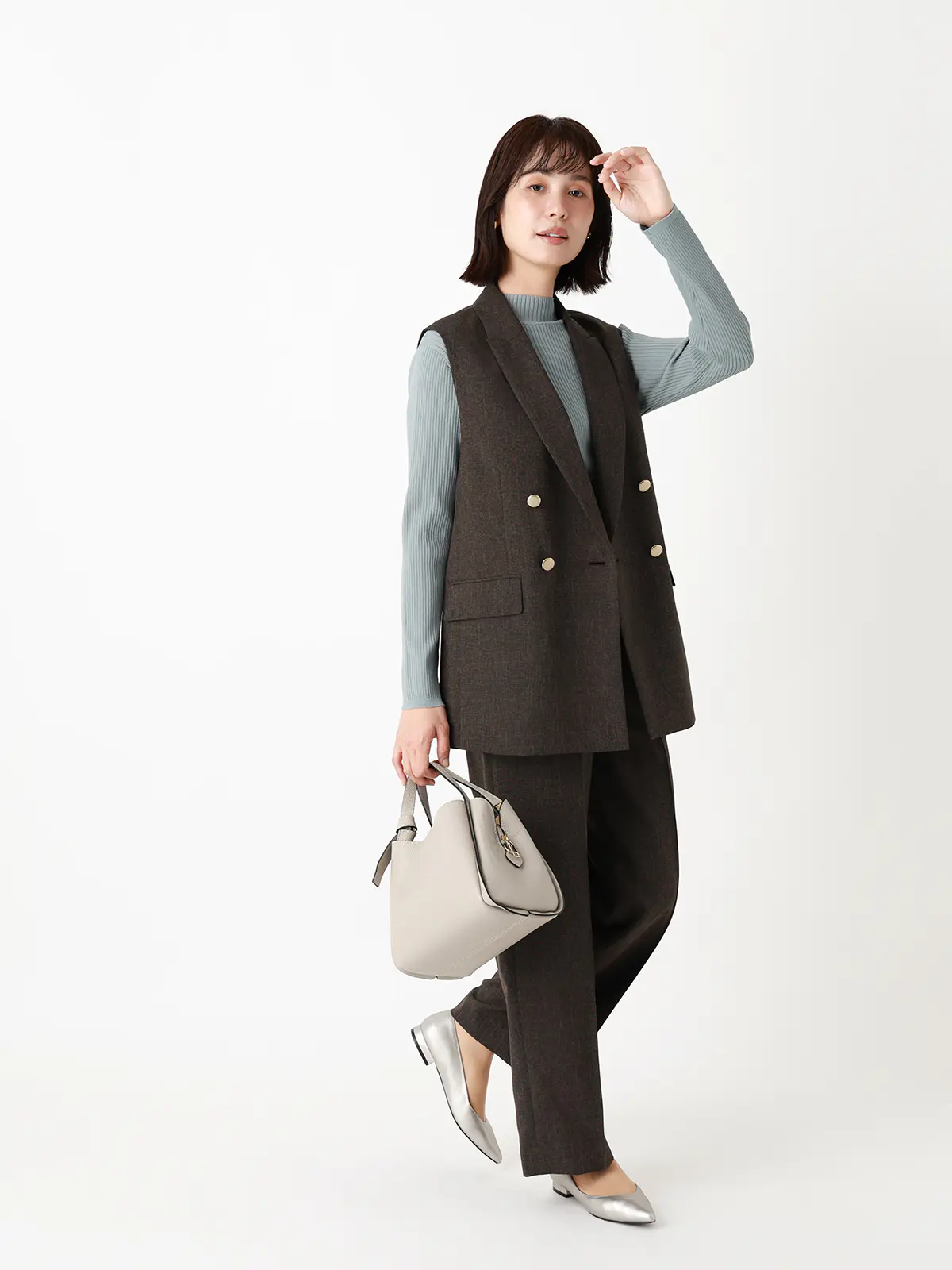CHANTOWA/ビットベルト付きタックワイドパンツ/ウォッシャブル/シャドーグレンチェック ブラウン 36(7号)