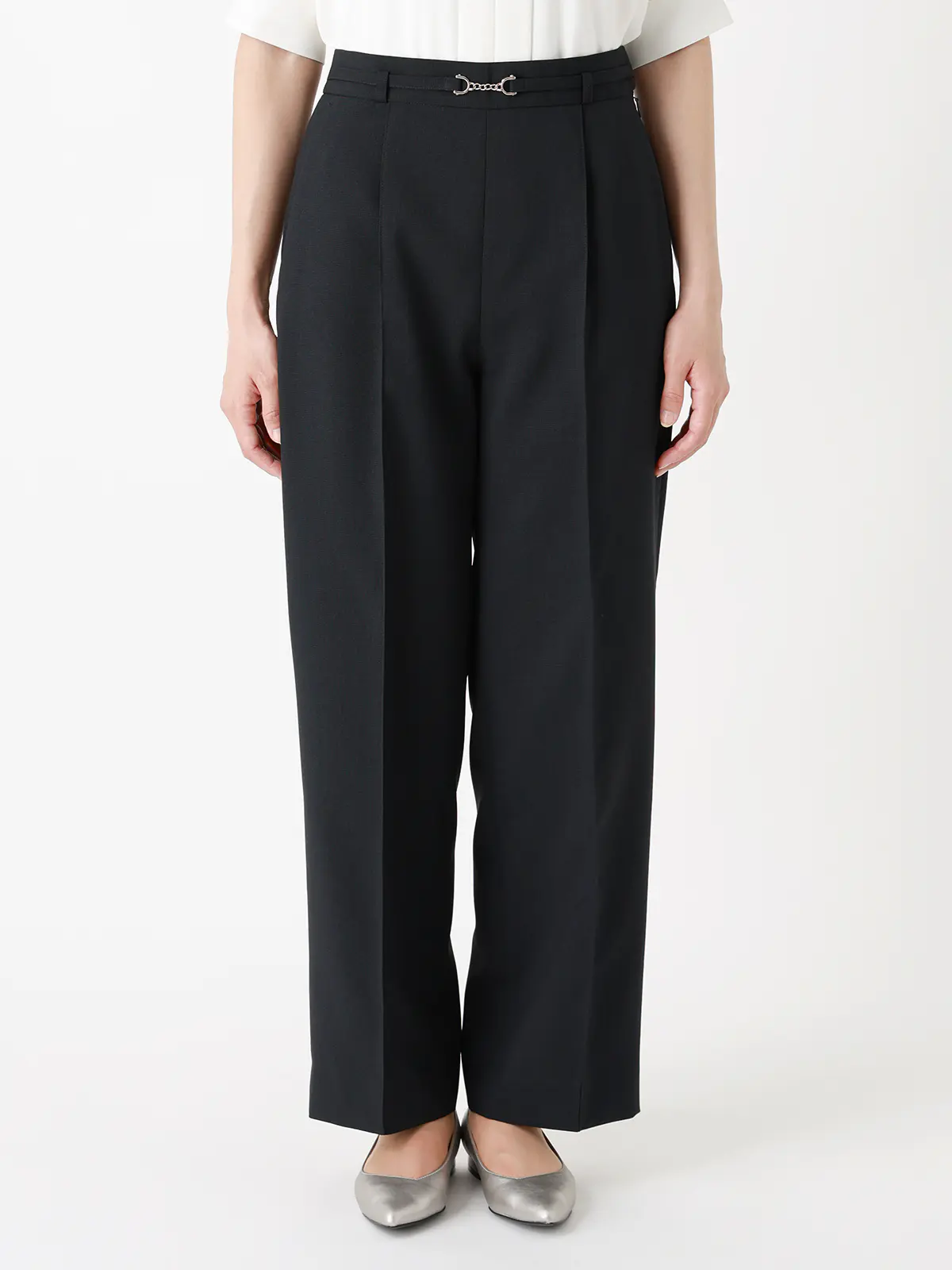 CHANTOWA/ビットベルト付きタックワイドパンツ/ウォッシャブル/シャドーグレンチェック ネイビー 36(7号)