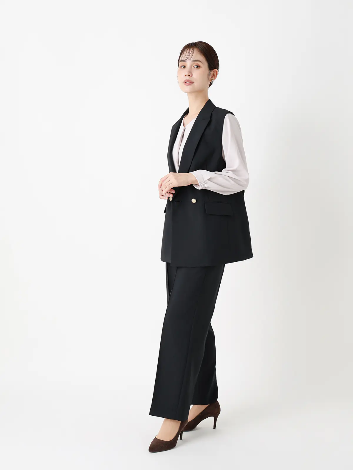 CHANTOWA/ビットベルト付きタックワイドパンツ/ウォッシャブル/シャドーグレンチェック ネイビー 36(7号)