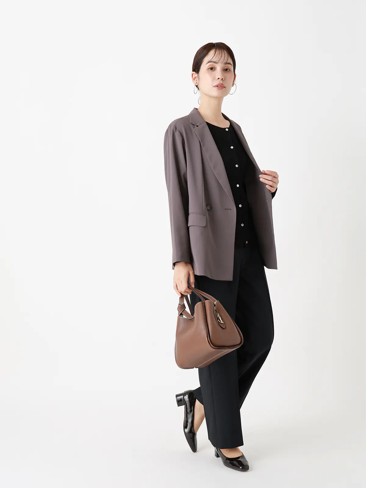 CHANTOWA/ビットベルト付きタックワイドパンツ/ウォッシャブル/シャドーグレンチェック ネイビー 36(7号)