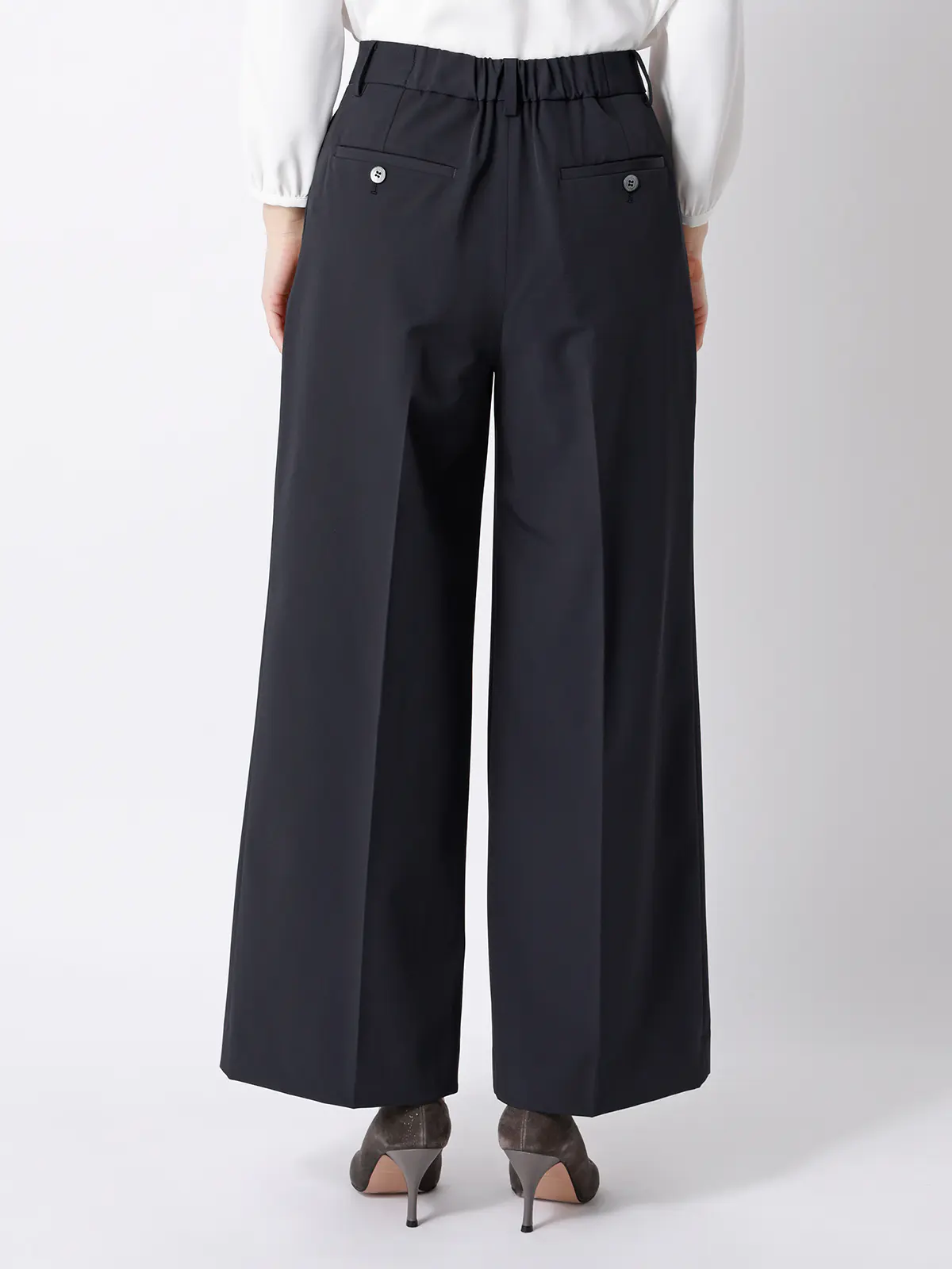 タックワイドパンツ／ウォッシャブル／UVカット／ストレッチツイル／無地 ネイビー 36(7号）