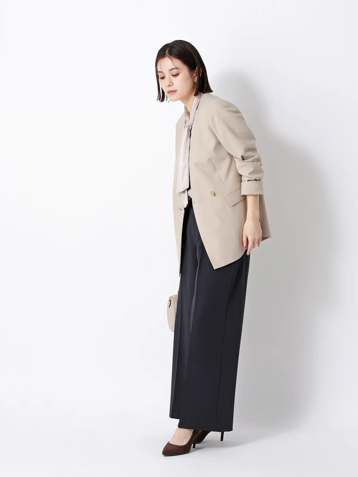 タックワイドパンツ／ウォッシャブル／UVカット／ストレッチツイル／無地 ネイビー 36(7号）