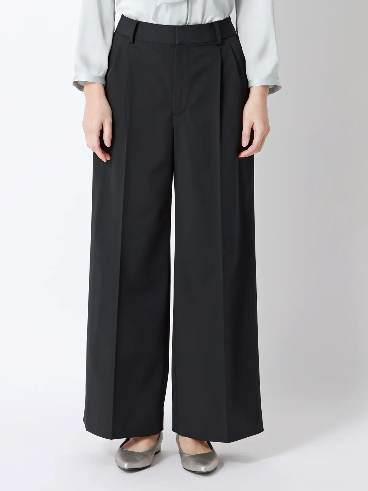 タックワイドパンツ／ウォッシャブル／UVカット／ストレッチツイル／無地 ブラック 36(7号）