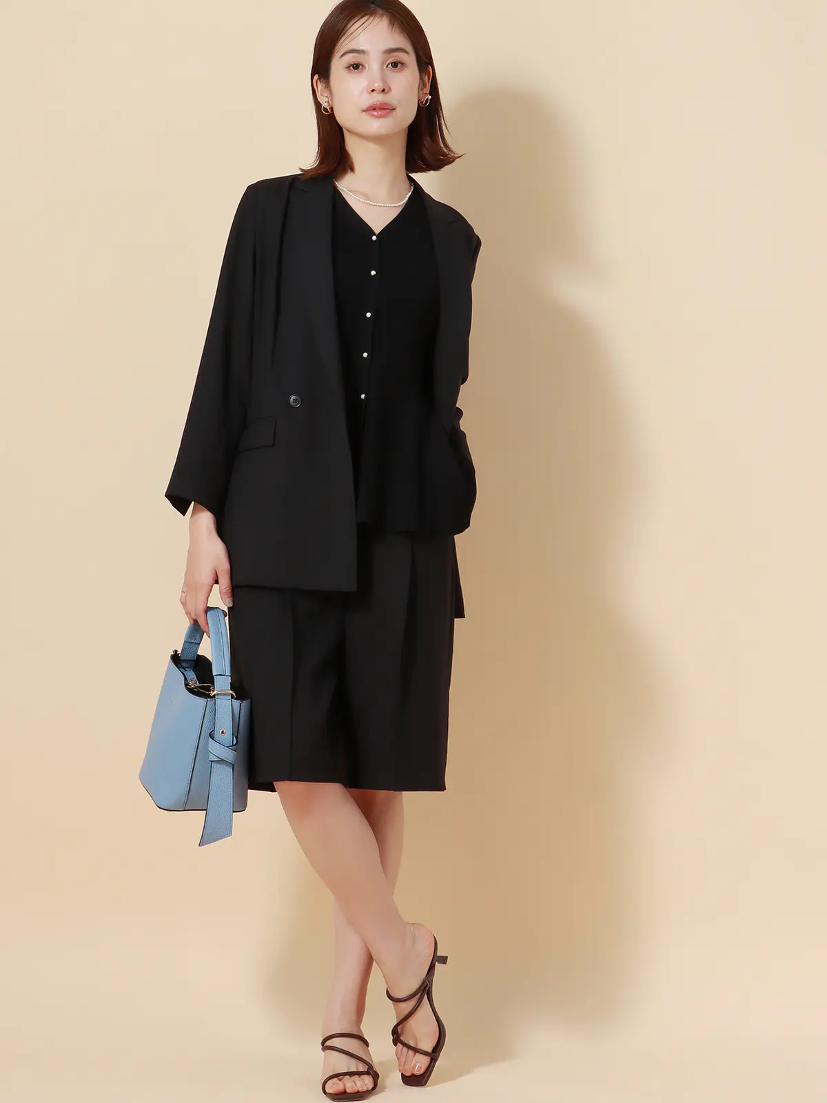 WEB限定／カセット服／ピンタックショートパンツ／ウォッシャブル／メランジツイル／無地 ブラック 36(7号）