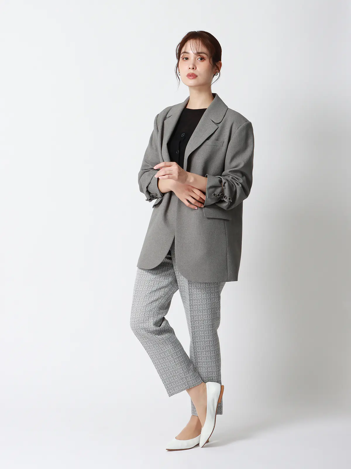 タックテーパードパンツ／ハンドウォッシュ／ツイード／織柄 ホワイト 36(7号）