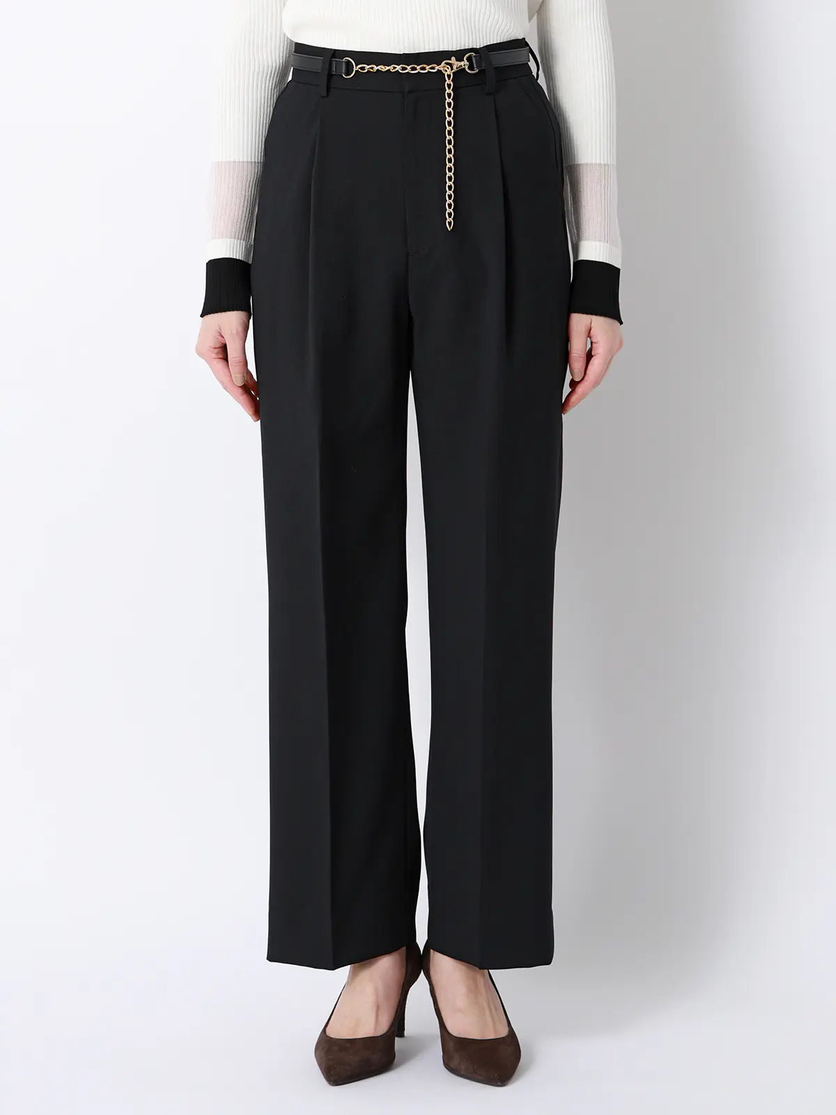 CHANTOWA／タックストレートパンツ／ウォッシャブル／ストレッチオックス／無地／ベルト付き ブラック 36(7号）