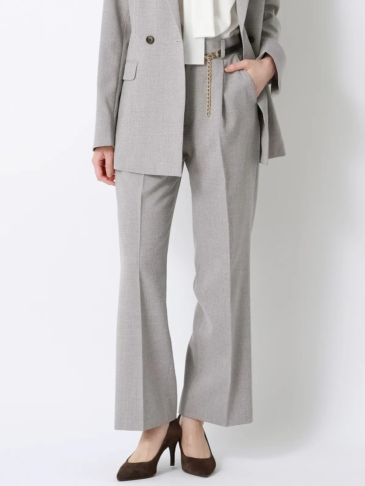 CHANTOWA／タックストレートパンツ／ウォッシャブル／クリスピーツイード／織柄／ベルト付き グレージュ 36(7号）