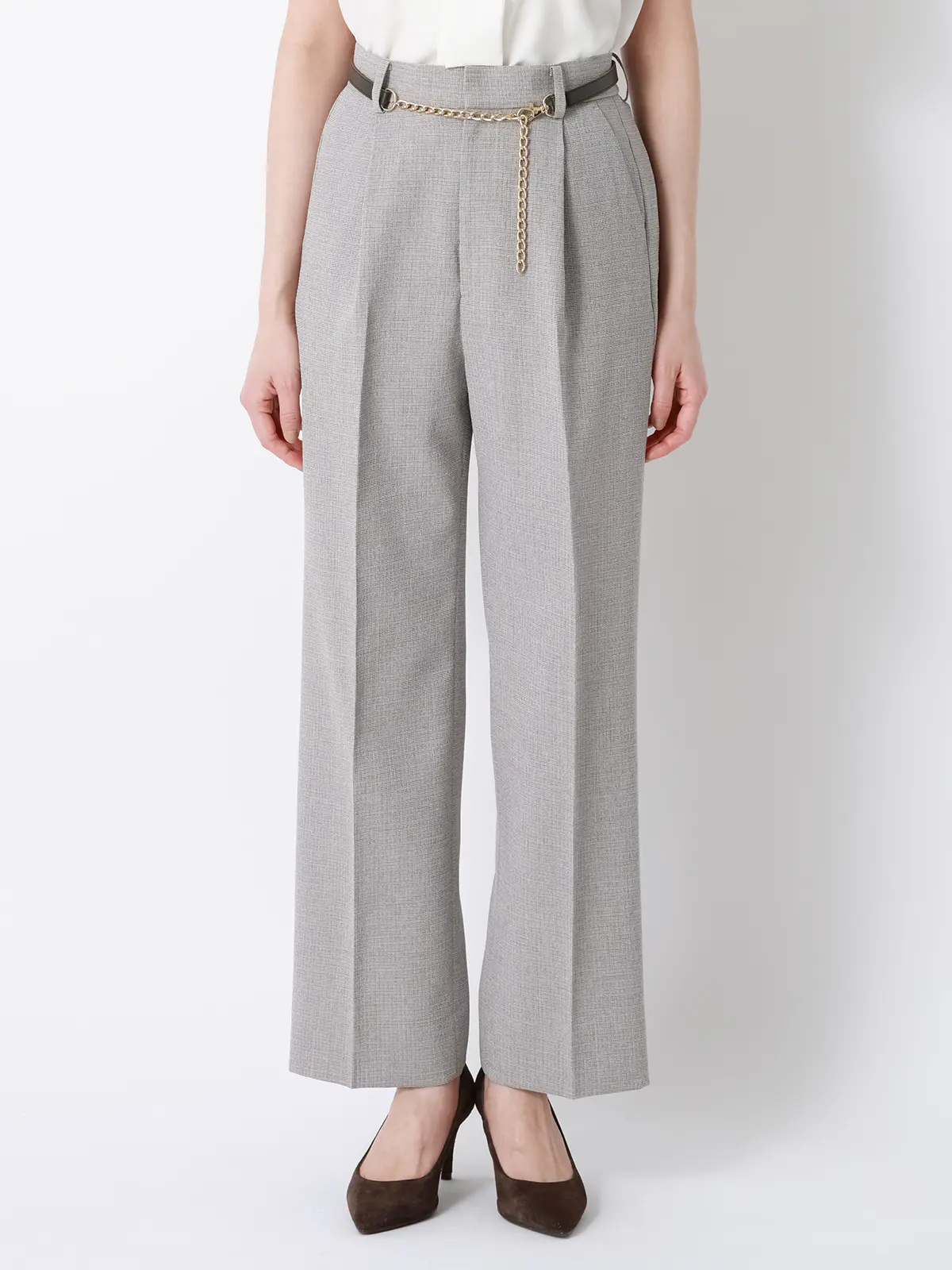 CHANTOWA／タックストレートパンツ／ウォッシャブル／クリスピーツイード／織柄／ベルト付き グレージュ 36(7号）