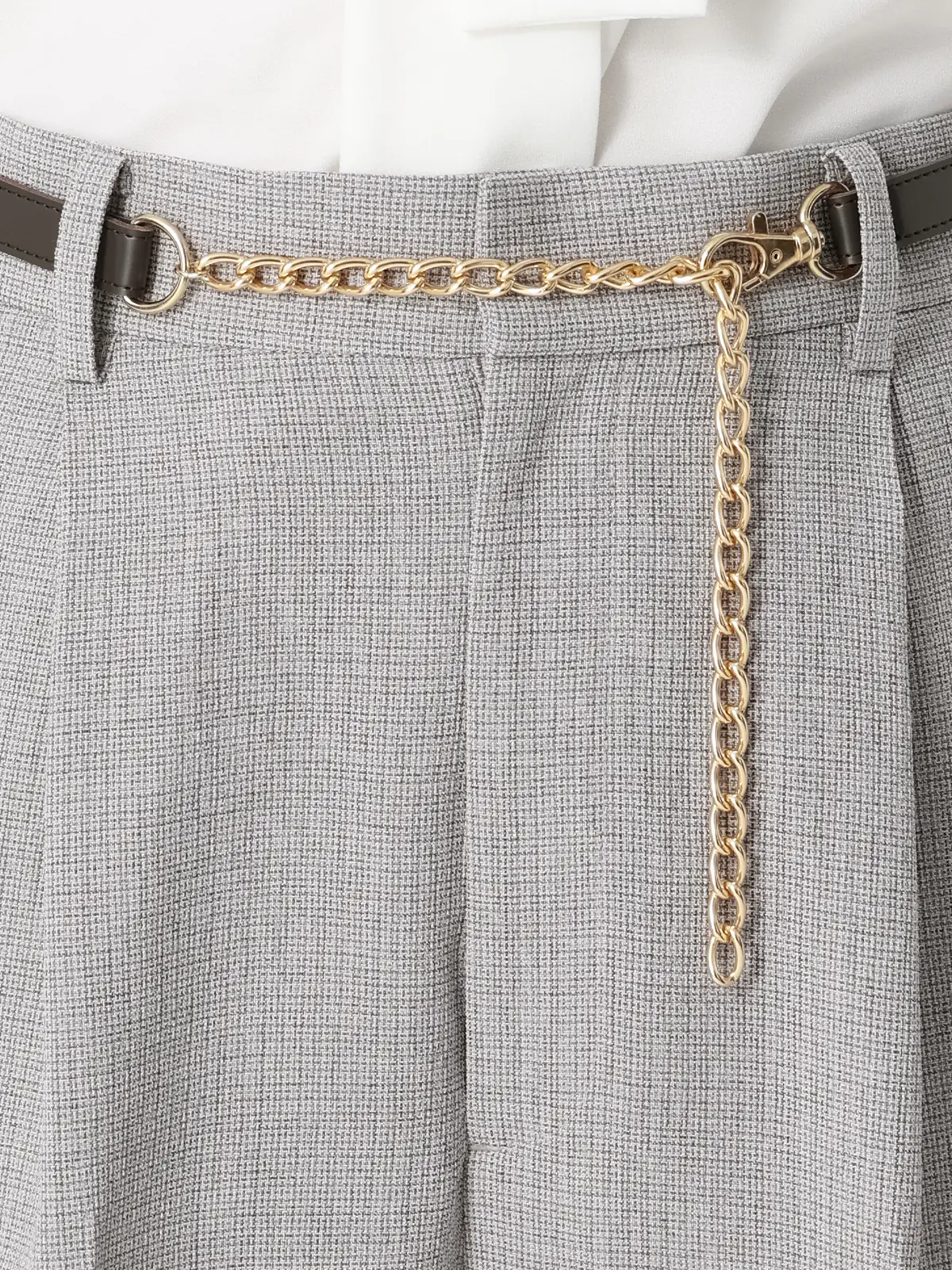 CHANTOWA／タックストレートパンツ／ウォッシャブル／クリスピーツイード／織柄／ベルト付き グレージュ 36(7号）