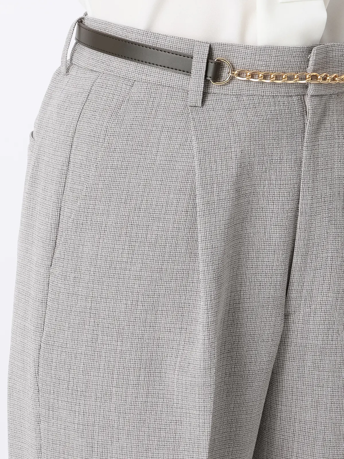 CHANTOWA／タックストレートパンツ／ウォッシャブル／クリスピーツイード／織柄／ベルト付き グレージュ 36(7号）